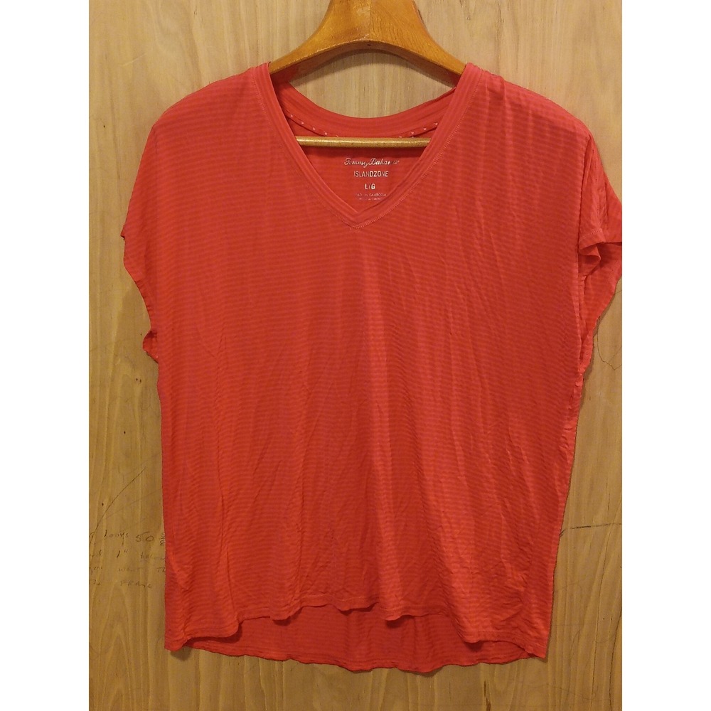 Tommy Bahama IslandZone V-Neck T-Shirt Coral Orange Striped Pleat Back L
